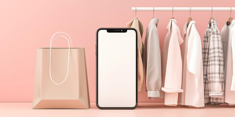 Poster - Online shop concept with smartphone presenting new fashion collection on pink background
