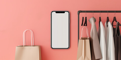 Poster - Smartphone showing blank screen with clothes rack and shopping bags on pink background