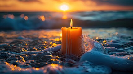 Wall Mural - a candle is floating on the surface of the ocean. the water is calm and the sun is setting in the ba