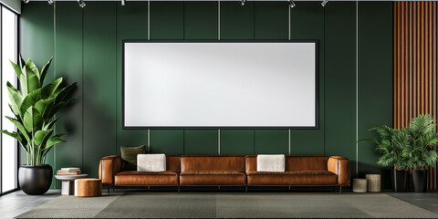 Poster - Modern living room with blank horizontal frame mockup hanging on green wall