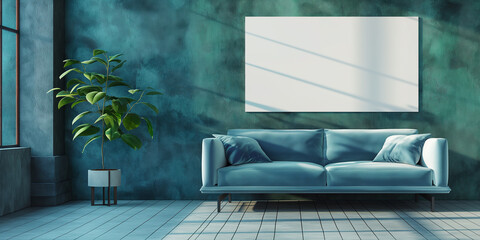 Aufkleber - Sun shining through window illuminating modern living room with blue sofa and green wall