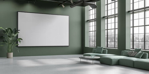 Poster - Modern green office lounge area with a large window and a blank frame hanging on the wall