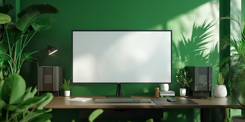 Poster - Home office with computer displaying blank screen mockup on wooden table in green room