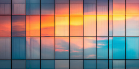 Glass facade of modern office building reflecting beautiful sunset sky