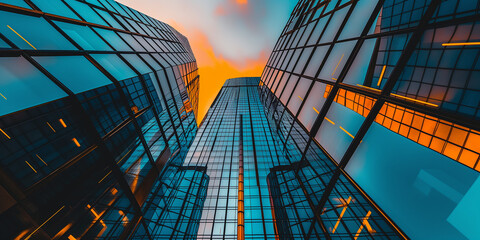 Aufkleber - Modern glass skyscrapers reflecting orange sunset in financial district