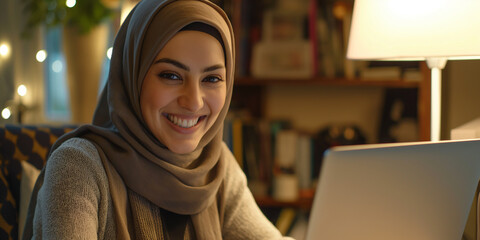 Leinwandbilder - Young muslim woman wearing hijab smiling working from home office using laptop