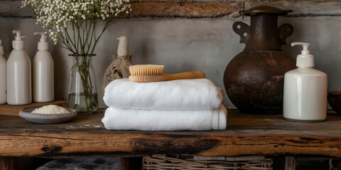 Wall Mural - Wooden brush resting on towels in a rustic spa setting