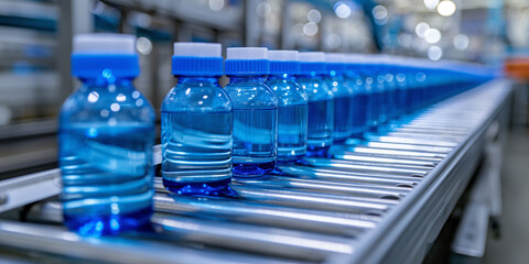 Poster - Pharmaceutical manufacturing line producing blue medicine bottles moving on conveyor belt