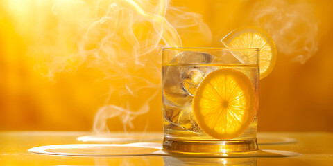 Poster - Glass of refreshing cold drink with ice cubes and lemon slices is steaming on yellow background