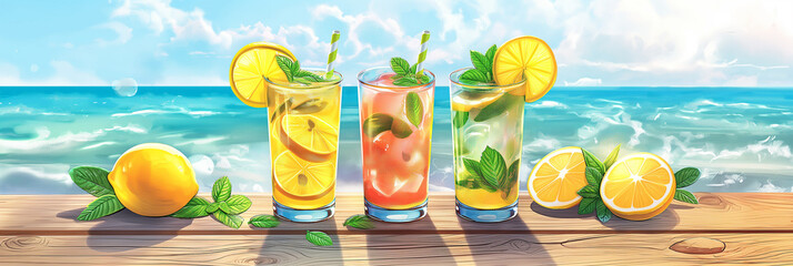 Poster - Three lemonades with different citrus fruits are standing on a wooden table on the beach