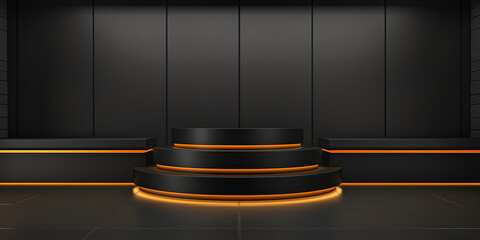 Poster - Round black podium illuminated with orange neon lights in a dark room