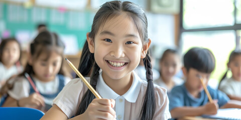 Poster - Happy asian schoolgirl smiling and holding a pencil in classroom