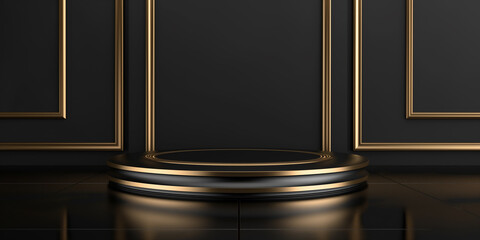 Aufkleber - Empty black and gold round podium on black background with gold lines displaying award winning product