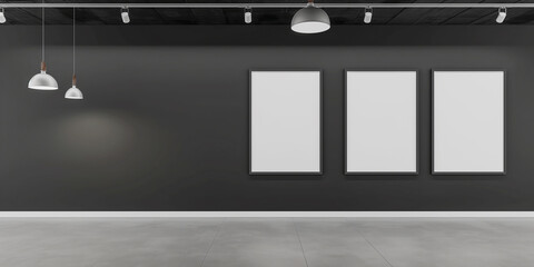 Poster - Empty gallery interior with three blank frames hanging on a black wall is illuminated by modern ceiling lamps