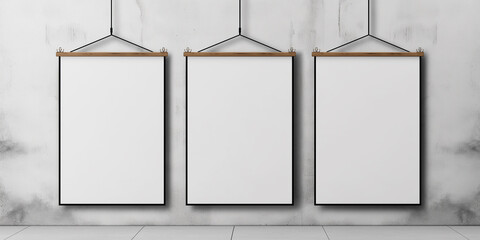 Poster - Three vertical frames hanging on a concrete wall mockup