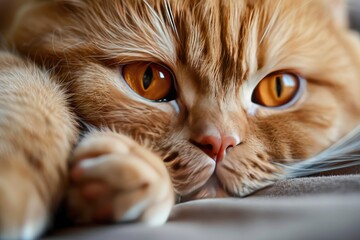 Wall Mural - A cat with orange fur and yellow eyes is laying on a bed. The cat's eyes are open and staring at the camera