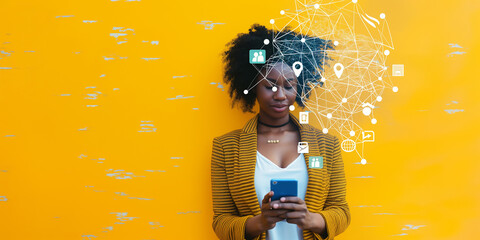 Poster - Businesswoman using smartphone with digital network and icons appearing above her head