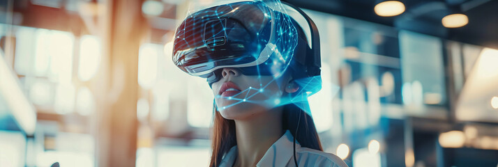 Aufkleber - Young professional woman using virtual reality glasses headset in modern office