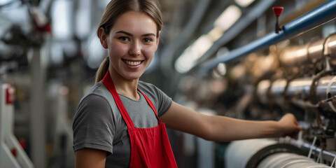 Poster - Female technician smiling while operating machinery in factory