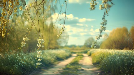 Wall Mural - a road with a field of flowers and trees in the background. the road is empty and the sky is blue