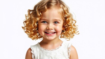 Smiling Blonde Toddler with Curly Hair in White Dress on White Background - High-Resolution Photograph of Happy Child