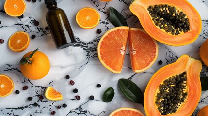 Wall Mural - A table with a variety of fruits including oranges and a cut up orange. A bottle of essential oil is also on the table