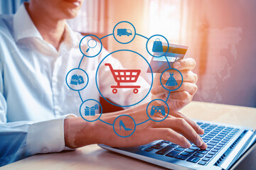 Customer open hologram graphic interface controlling device choosing online platform. Smart consumer touch gadget open e-commerce application using cashless technology shopping inventory. Cybercash.