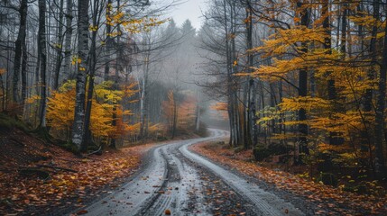 Wall Mural - a road with trees on both sides and leaves on the ground. the leaves are orange and yellow