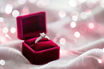 Luxury engagement diamond ring in jewellery gift box. Red pink velvet ring box for romantic love proposal, wedding celebration, elegant background with copyspace