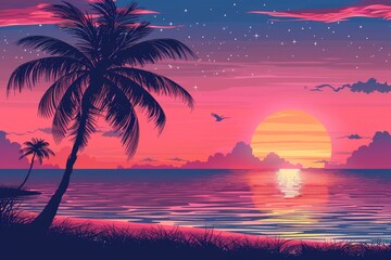 Wall Mural - A beautiful sunset over the ocean with a palm tree in the foreground. The sky is filled with stars and the sun is setting in the distance