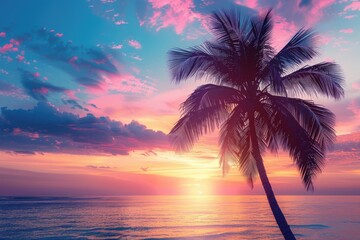 Wall Mural - A beautiful sunset over the ocean with a palm tree in the foreground. The sky is a mix of pink and purple hues, creating a serene and calming atmosphere