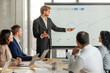 © Prostock-studio - A businessman, wearing a suit, stands in front of a large screen displaying a financial chart, gesturing towards the data. He is presenting to a group of colleagues, who are seated at a table