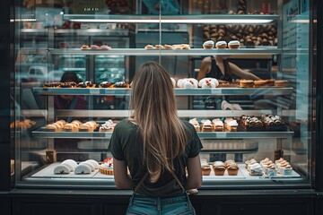  woman standing in  front of the glass showcase with pastries, a girl is choosing a dessert