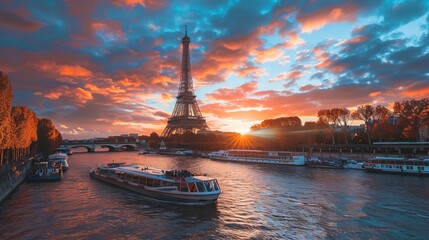 Wall Mural - Eiffel Tower iconic landmark and Paris old roofs from above, Paris France