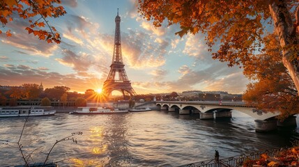 Wall Mural - Eiffel Tower iconic landmark and Paris old roofs from above, Paris France