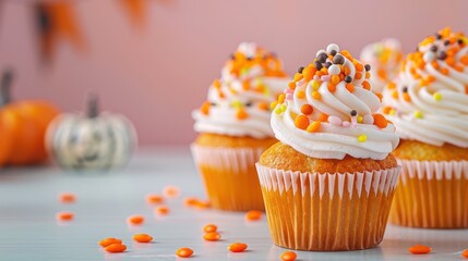 Wall Mural - Cute Halloween cupcakes with spooky decorations on a pastel background: High-resolution, sweet and festive 