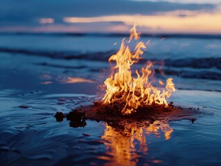 A fire burns brightly on a sandy beach as the sun sets in the background, creating a warm and cozy atmosphere