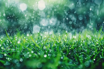 Wall Mural - a field of grass is wet from the rain. the grass is green and the raindrops are small