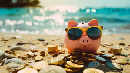 Wall Mural - Pink piggy bank with coin on table in home room