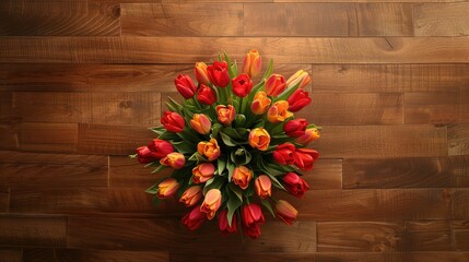 Canvas Print - A bouquet of tulips displayed in a circular pattern on a warm wooden floor, creating a cheerful scene.