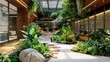 © buraratn - A serene office garden with a mix of blooming flowers and green foliage, offering a peaceful space for relaxation and breaks.
