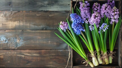 Wall Mural - A top view of blooming hyacinths on a rustic wooden floor, adding a touch of spring freshness.