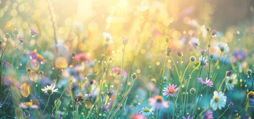Wall Mural - outdoor wild flowering grass plants in the morning with sunlight