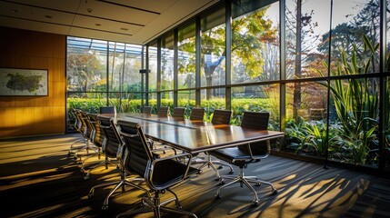 Poster - An office meeting room with large windows overlooking a beautifully maintained garden, enhancing the workspace ambiance.