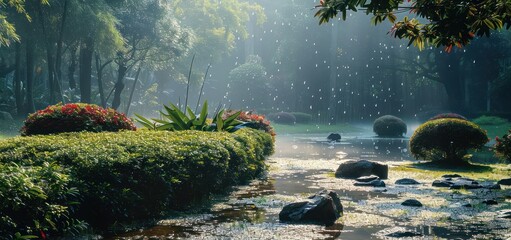 Wall Mural - The morning atmosphere is cool in the middle of a green grassy garden