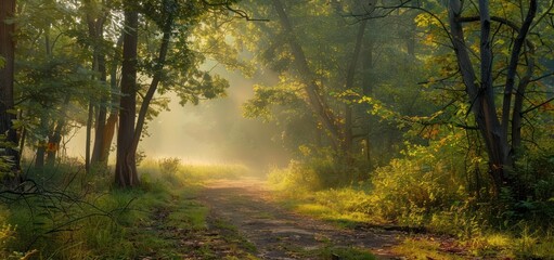 Wall Mural - A ray of morning sunlight penetrates between the forest trees