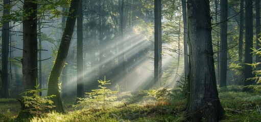 Sticker - A ray of morning sunlight penetrates between the forest trees