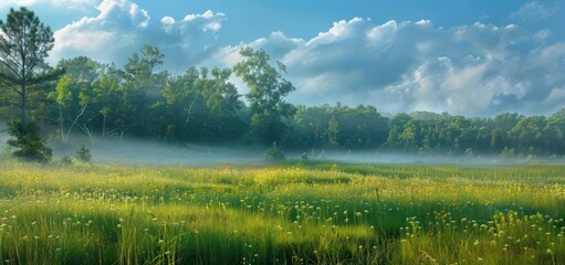 Wall Mural - Green grass fields in the cool foggy morning