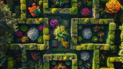 Canvas Print - A bird eye view of a garden labyrinth, with neatly trimmed hedges and vibrant flowers creating a stunning pattern.