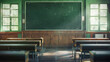 © 沈军 贡 - Empty wooden desks and chairs in an old school classroom